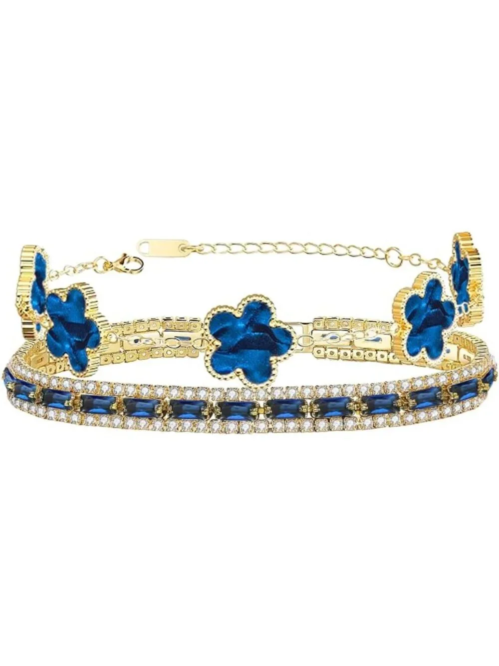 Multicolored CZ Tennis & Flower Bracelet Set - 2Pcs Women's Stacked Jewelry